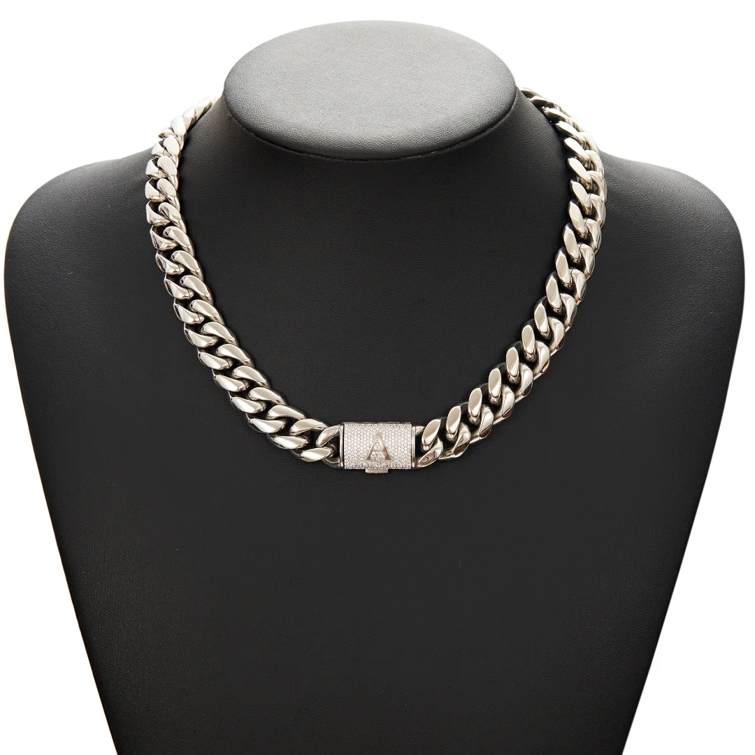 14mm Hip Hop Bling Iced Out Letters Button A-Z Stainless Steel  Round Cuban Miami Link Chain Necklace for Unisex Rapper Jewelry