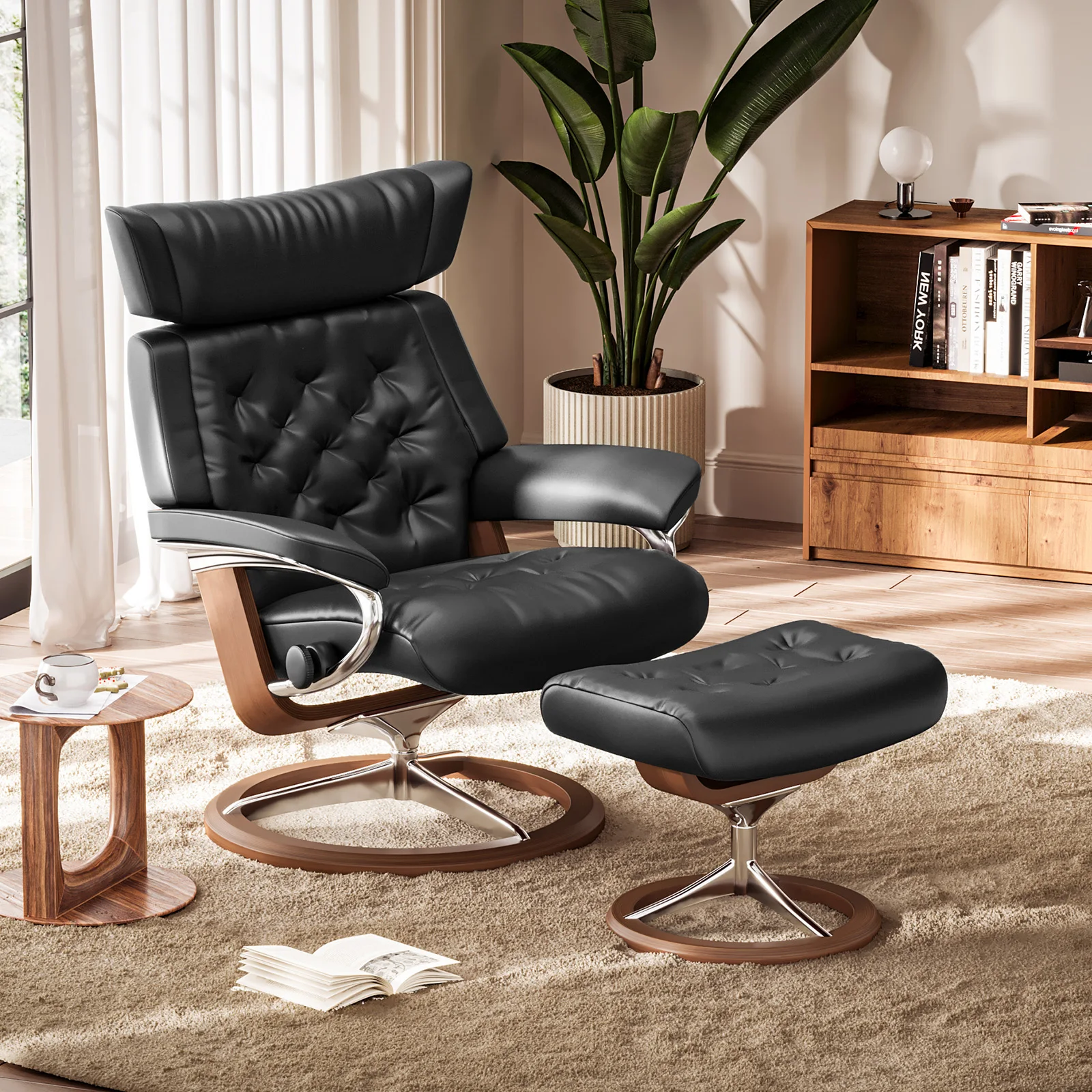 كرسي دوار خلفي قابل للتعديل مع كراسي استرخاء من الجلد الطبيعي المريح والعثماني لغرفة النوم وغرفة المعيشة