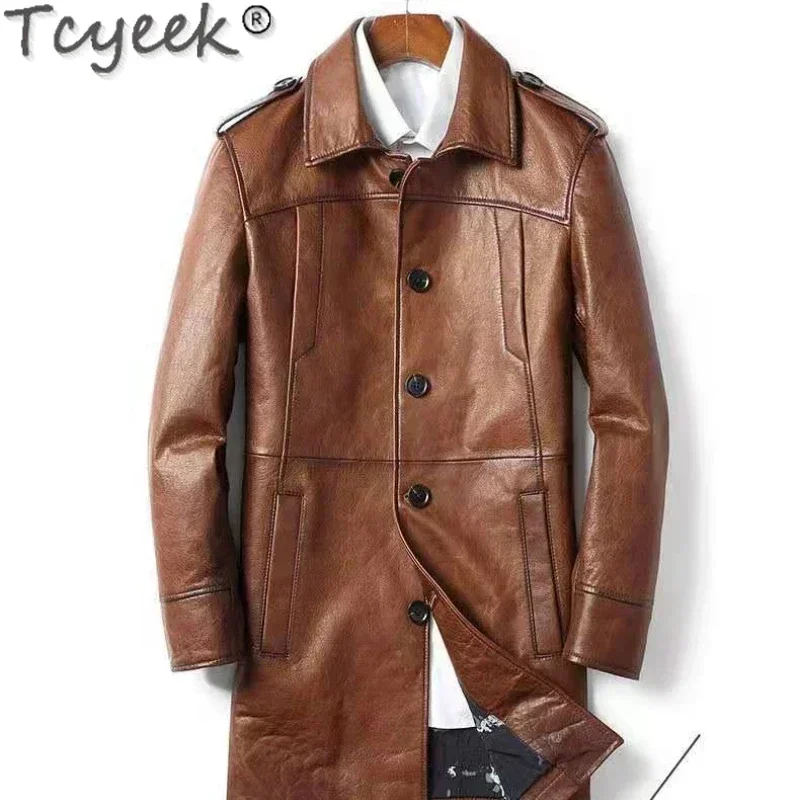 Tcyeek Autumn Winter Genuine Leather Jacket Men's Oil Wax Sheepskin Mid-length Windbreaker Casual Leather Coat Chaquetas Hombre