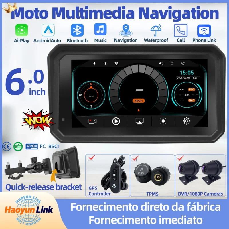 【6.0】Motorcycle HD Navigation Carplay Screen，Belt DVR Driving Recorder，TPMS，Waterproof