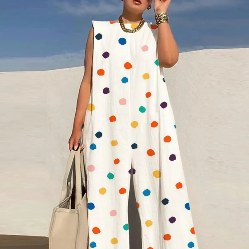 Dames Romper Met Polka Dot Print Overall Chique Mode Losse Lange Jumpsuit Pendelen Dame Mouwloze O-neck Party Eendelige Romper