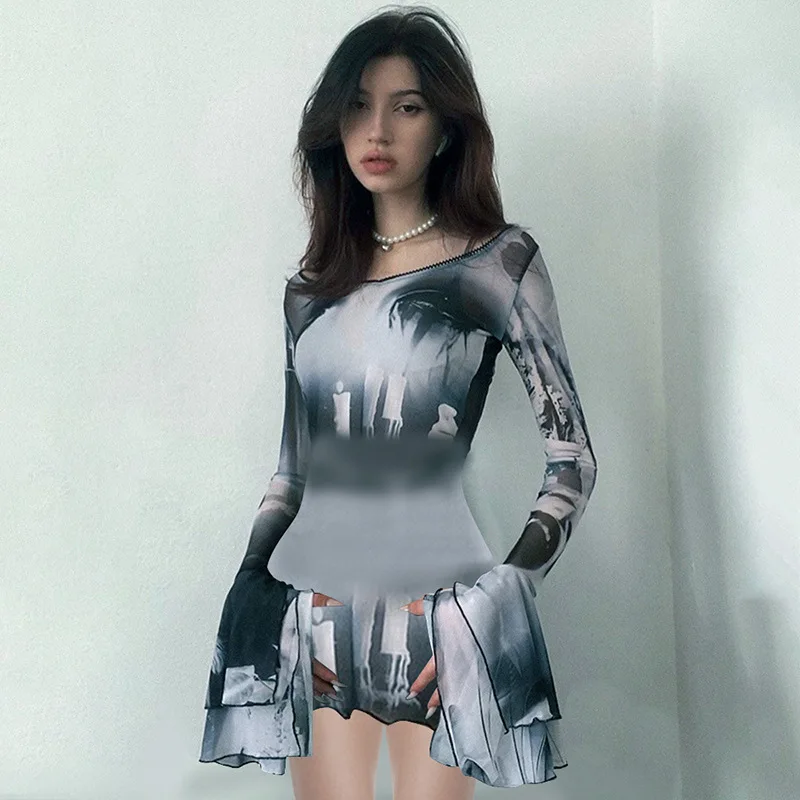 Yangelo Gothic Streetwear Y2K Dress Women Dark Academia Gothic Cyber Punk Sexy See Through Flare Sleeve O-neck Mini Dress Female