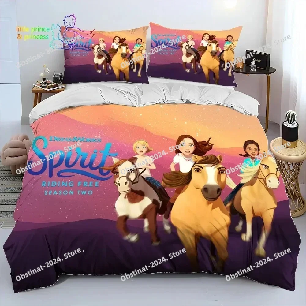 Spirit Riding Free Horses Cartoon 3D Printing Comforter Bedding Set,Duvet Cover Bed Set Quilt Cover Pillowcase,King Queen Size