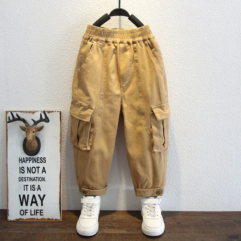 Spring and Autumn Boys 2024 Fashionable Casual Three Color Breathable Elastic Pant Hem Button Workwear Pants