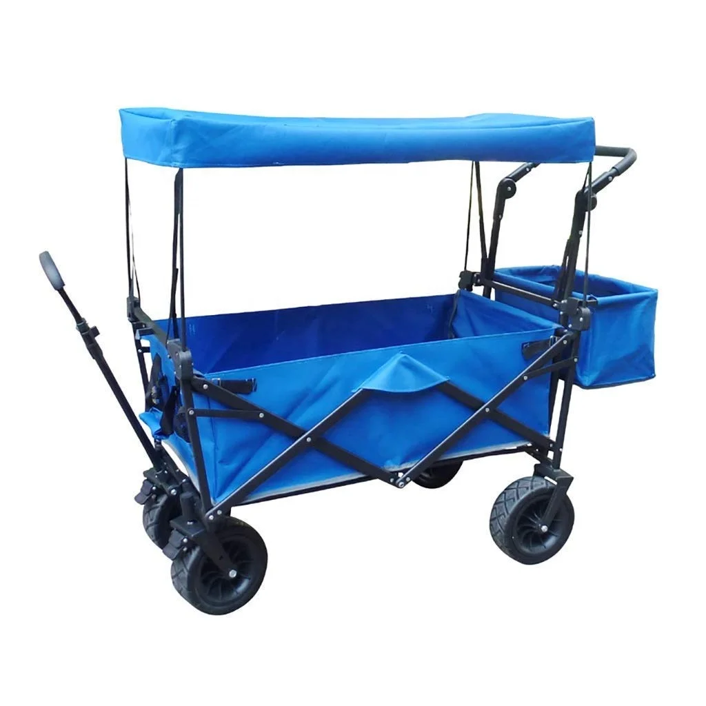 

Camping Outdoor Folding Cart Wagon Foldable Trolley Push Pull Wagon Stroller Wagon With Offroad Tyres Removable Roof