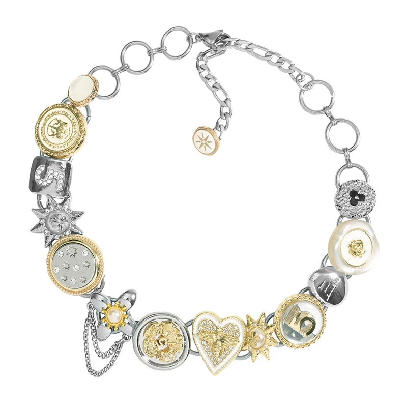 

Gold and Silver Button Necklace Punk Sweet Vintage Diamond Set Titanium Steel Clavicle Chain