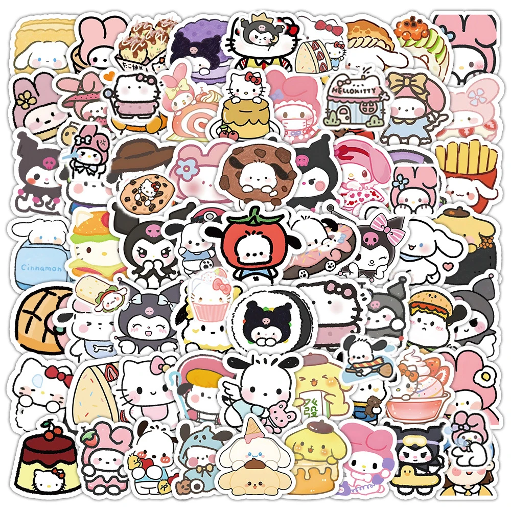 10/30/60/120pcs Funny Cute Sanrio Food Stickers Cute Hello Kitty Kuromi My Melody Sticker Laptop Phone Fridge Cartoon Decals Toy