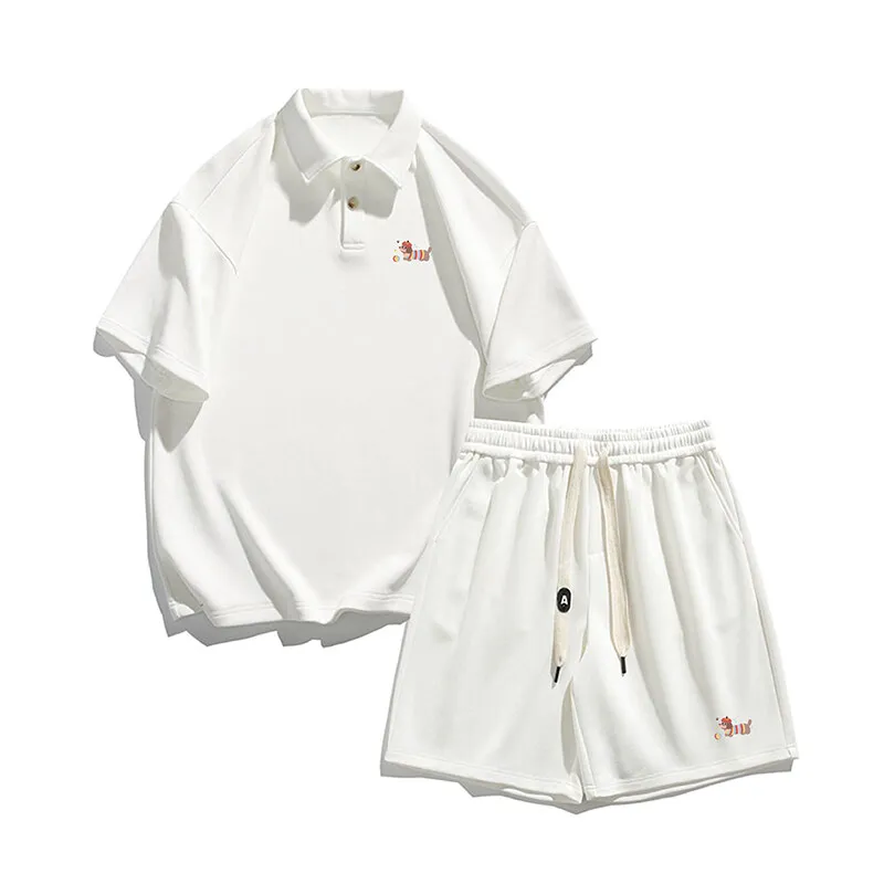 Men's Solid Color Polo & Shorts Set with Puppy Print - Breathable Cotton 2-Piece Outfit with Drawstring Waist Casual Summer Sets