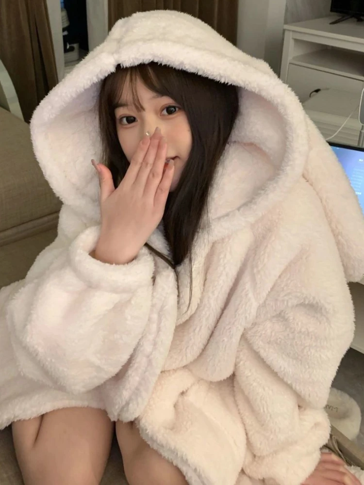 Robes Women Sleepwear Kawaii Solid Baggy Temper Rabbit-ear Winter Vintage Thick All-match Home Daily Cozy Tender Girl Ulzzang