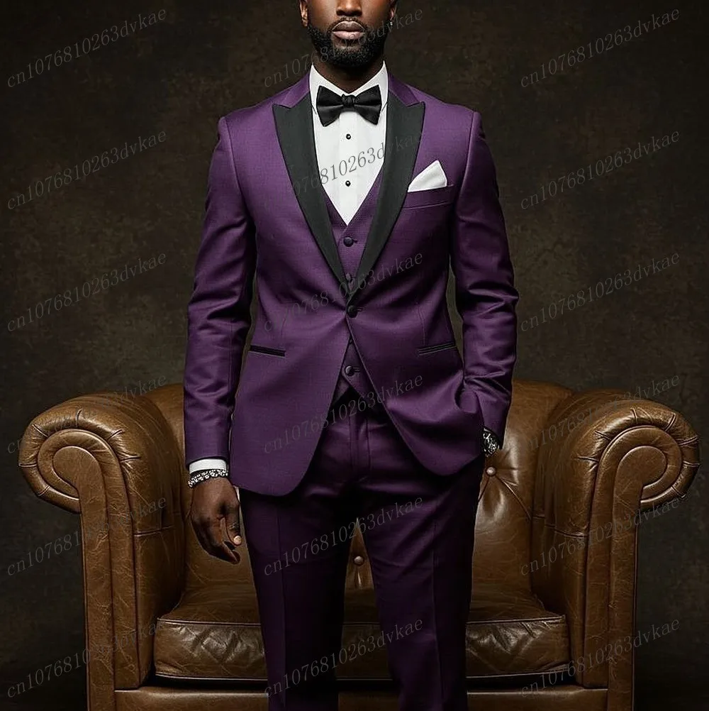 

Мужской костюм с черным воротником, темно-фиолетовый, свадебная вечеринка, формальный жених, жених, выпускной, деловой мужской смокинг, комплект из 3 предметов, куртка, жилет, брюки