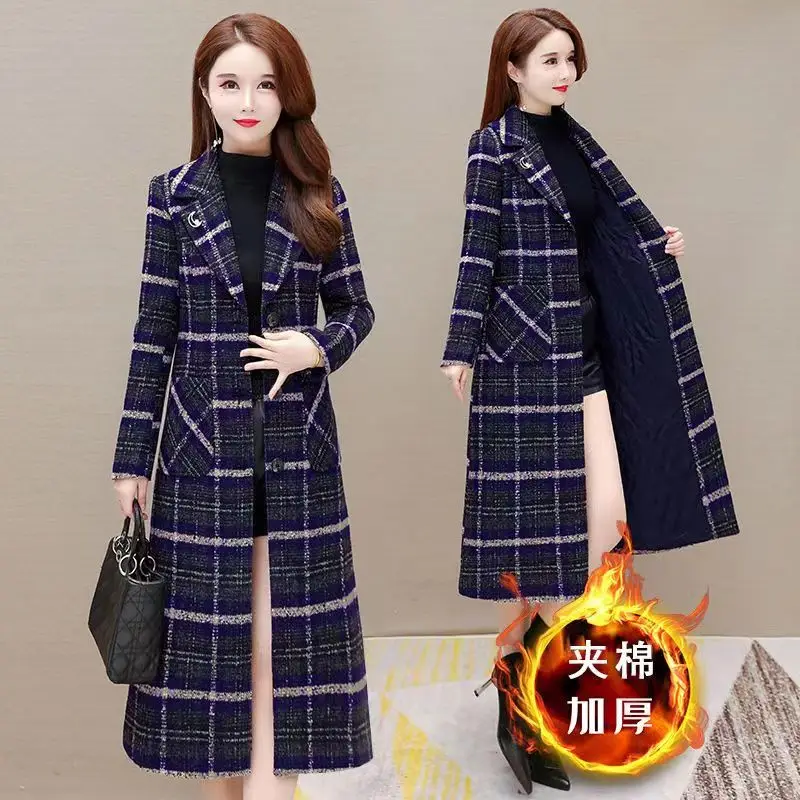 Women Outerwear Plaid Pocket Loose Long Sleeve Wool Coat Overcoat Autum Ladies Coat Women 2024 Winter Warmth Cotton Long Casual