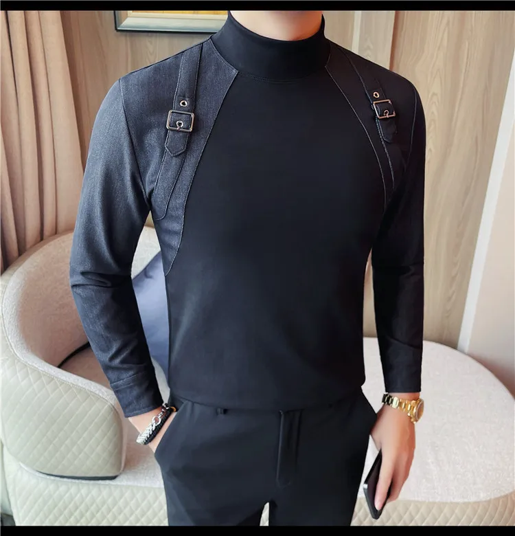

Long Sleeve Mock Neck T-shirt Men Half-turtleneck Man Black Strings Patchwork Slim Fit Stretch All Match Casual Base Tee Shirt