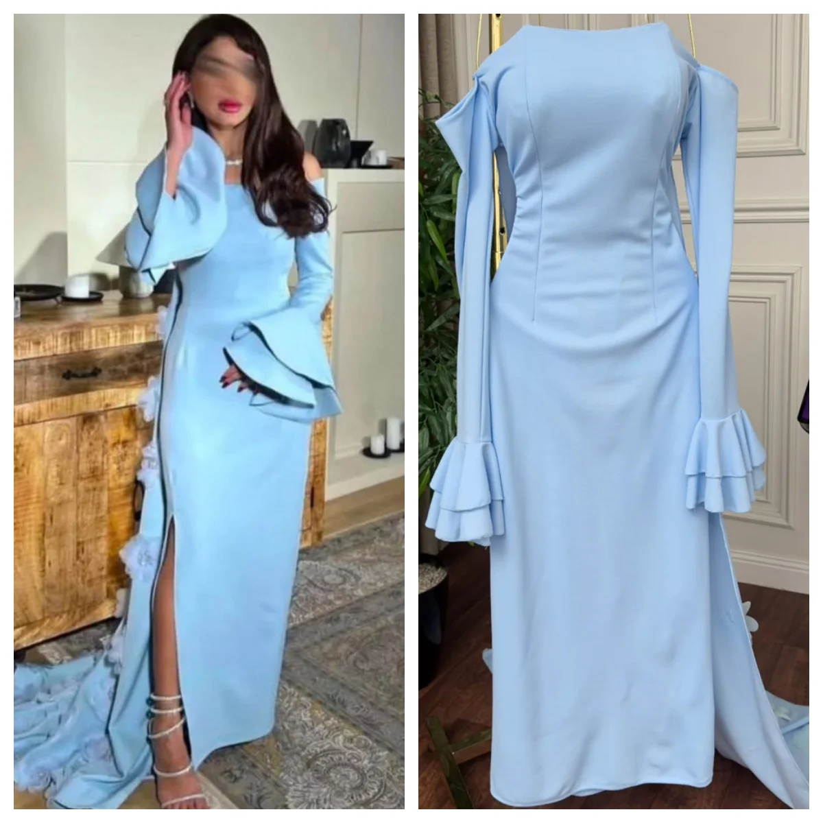 Abito da sera personalizzato Squisiti spalline maniche lunghe Abiti da ballo Sirena Cappella Treno Appliques Abiti da ritorno a casa