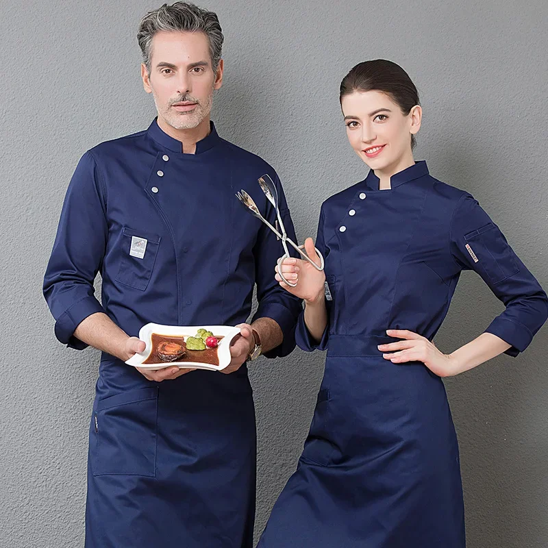 Blue Uniform Jacket Long Sleeves Restaurant Uniform Women and Men Kitchen Catering Black Cook Coat Double Breasted Chef Clothes