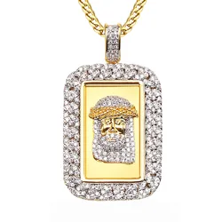 VANAXIN Hip Hop Square Jesus Head Pendant for Men Women Double 14k Gold Plated Cubic Zirconia Punk Jewelry