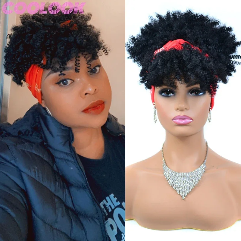 الاصطناعية عصابات شعر مستعار قصير الأفرو غريب مجعد عقال شعر مستعار نفخة عميق مجعد مجعد رئيس التفاف عمامة الباروكات للنساء السود Perruque