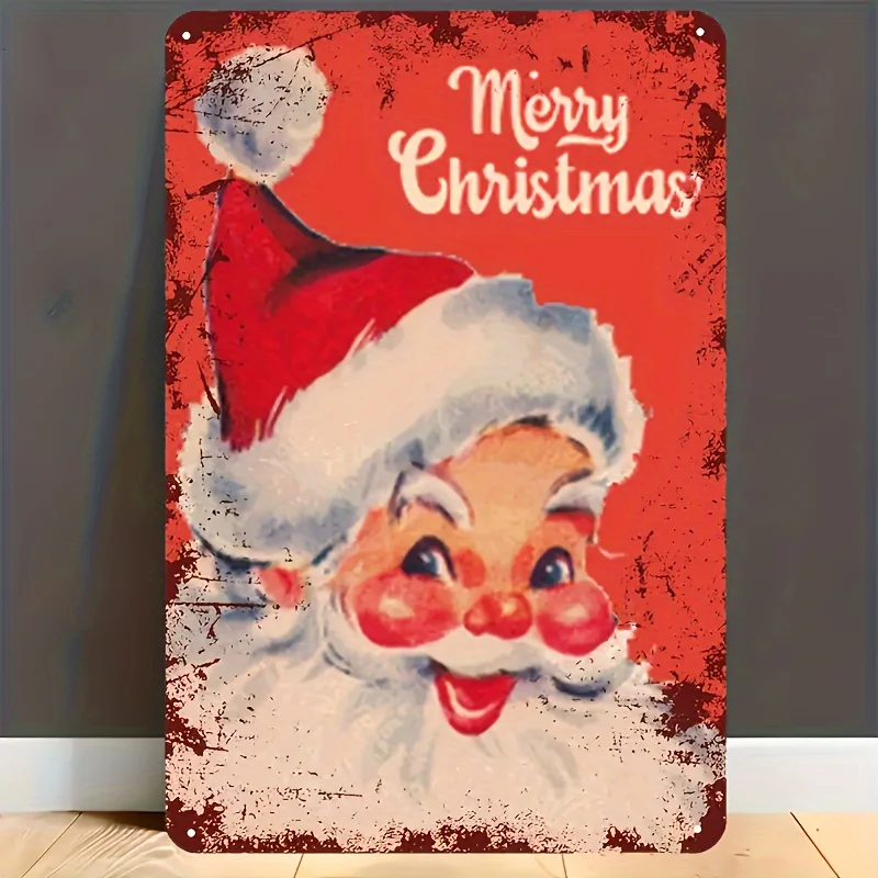 Señal Decorativa Metálica 2D Flat Papá Noel, Cartel Feliz Navidad Inglés, Arte de Pared Navideño Estilo Moderno para Hogar