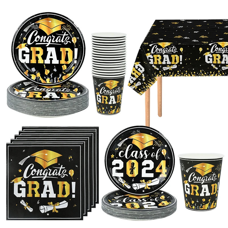 

Graduation Season Disposable Tableware Black Gold Paper Plates Cups Napkin Cutlery Class Of 2024 Congrats Grads Party Supplies