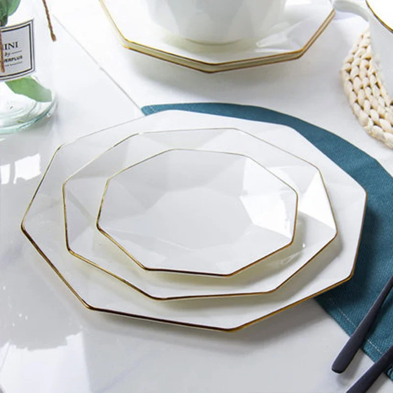 Phnom Penh Octagonal Steak Flat Plate Light Luxury Bone China Tableware Western Dinner Plate Household Kitchen Plates Sets