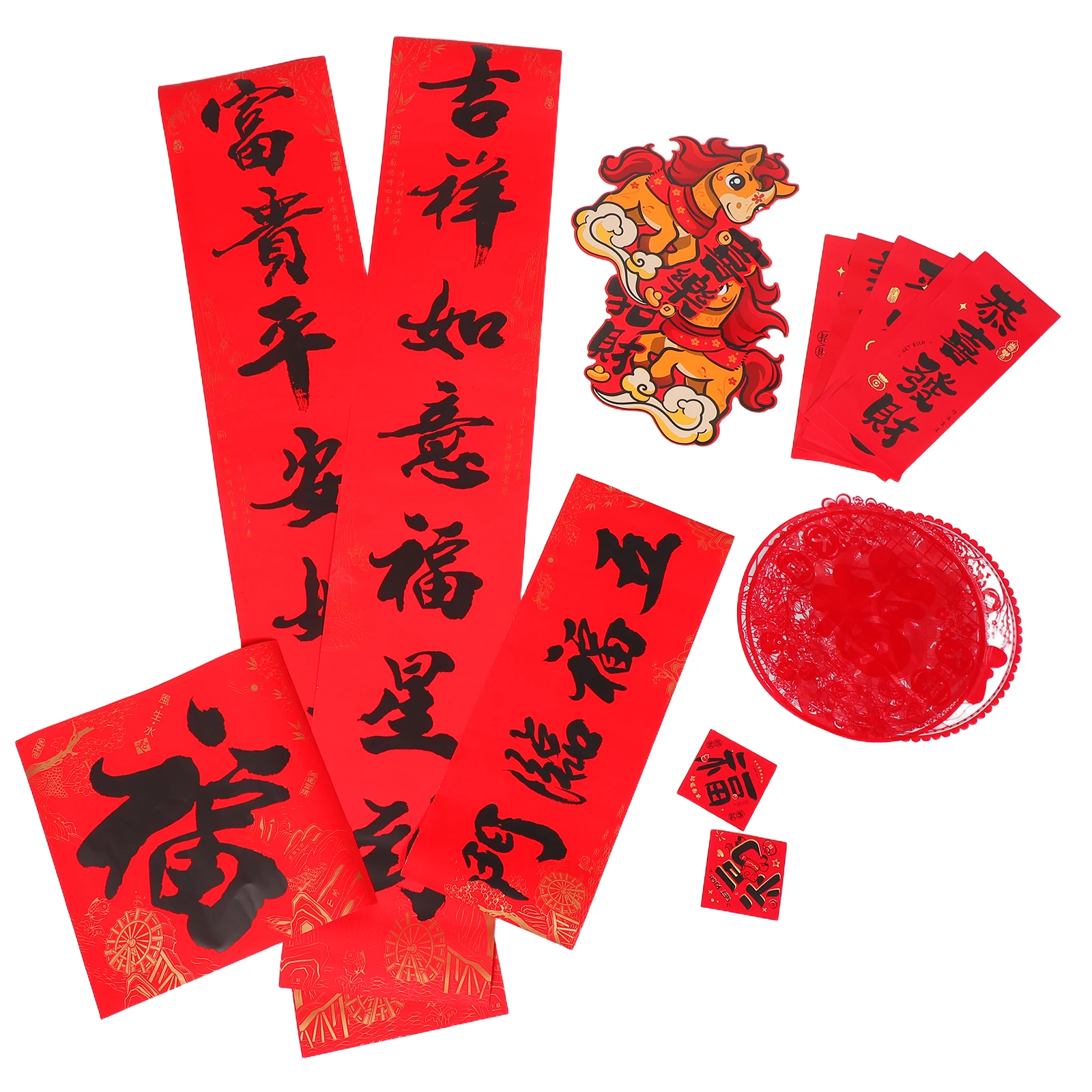 

32Pcs Chinese New Year Decoration Set Year of The Horse Spring Festival Couplets Traditional Chunlian with Fu Door Sign Wealth
