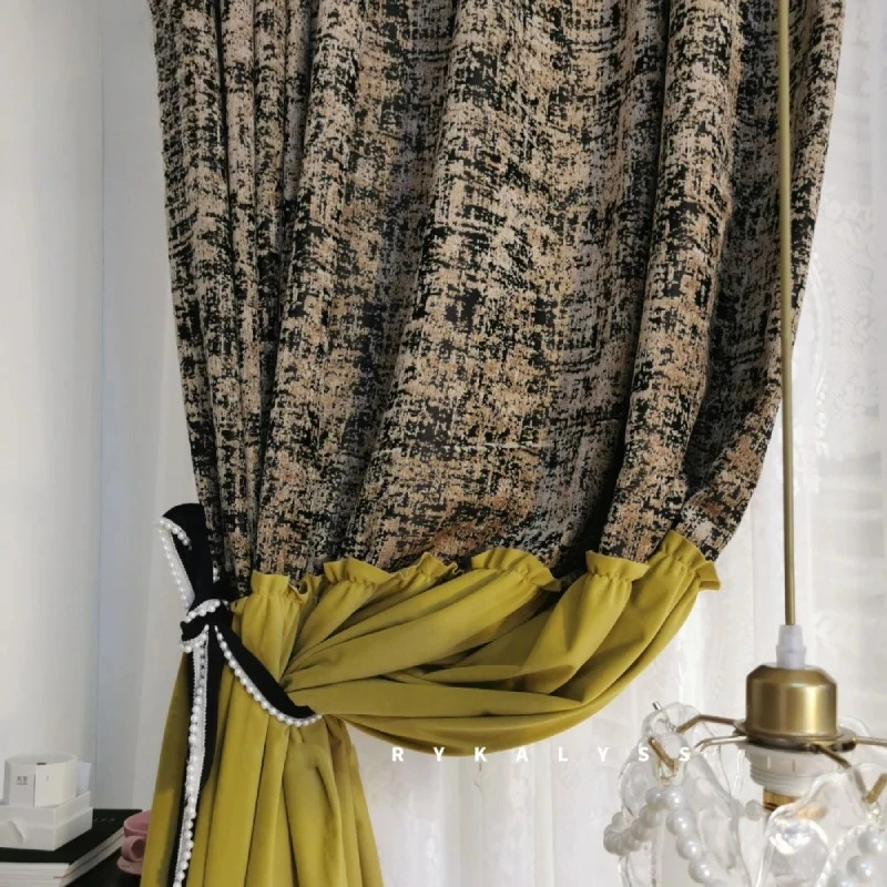 Custom Retro Ginger Jacquard Velvet Patchwork Curtains for Living Room Bedroom French Window Balcony Villa Partition Lace Tulle