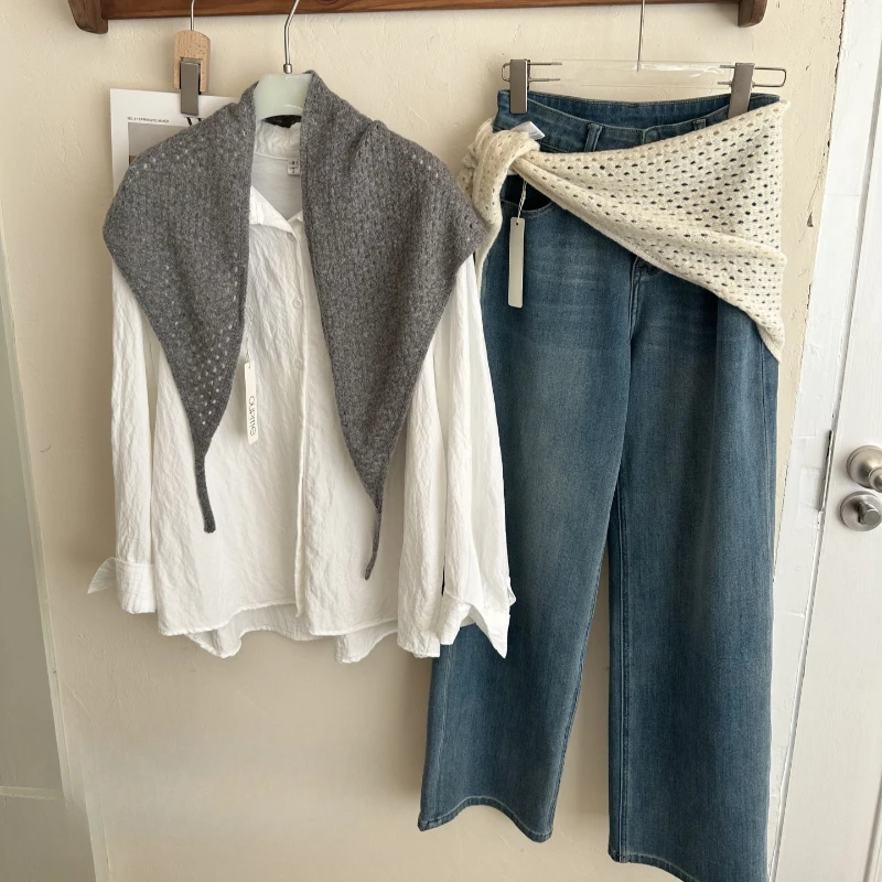 

Korean Version Wool Hollow Shawl Women's Autumn and Winter Fashion Outer Triangle Scarf Solid Color Warm Scarf