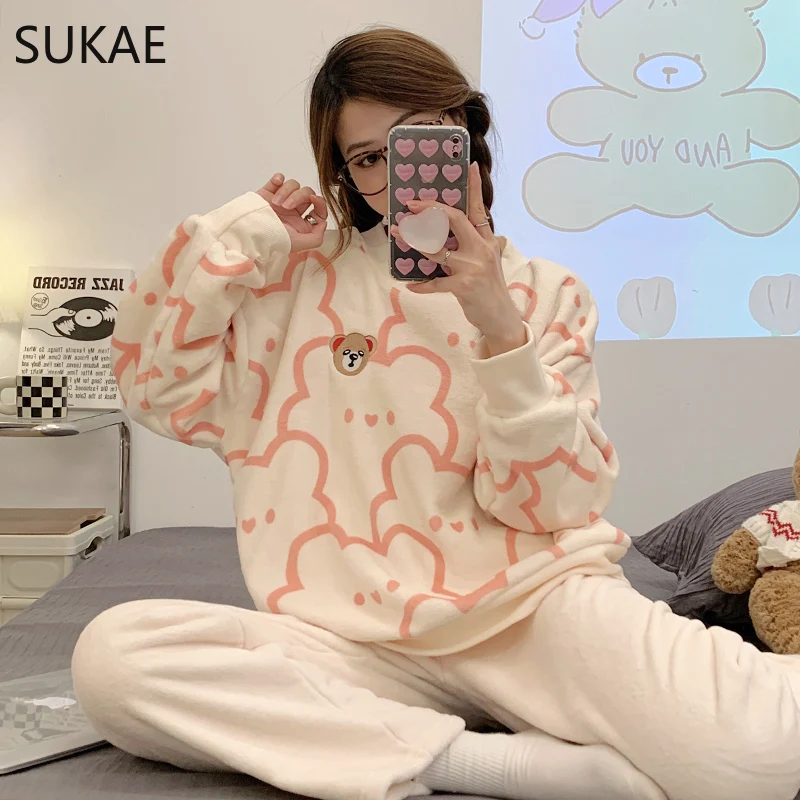 SUKAE Winter Womens Pajamas Set Velvet Falnnel Cartoon Sleepwear Casual Long Sleeves Thermal Homesuit Fuzzy Nightwear Teddy Pjs