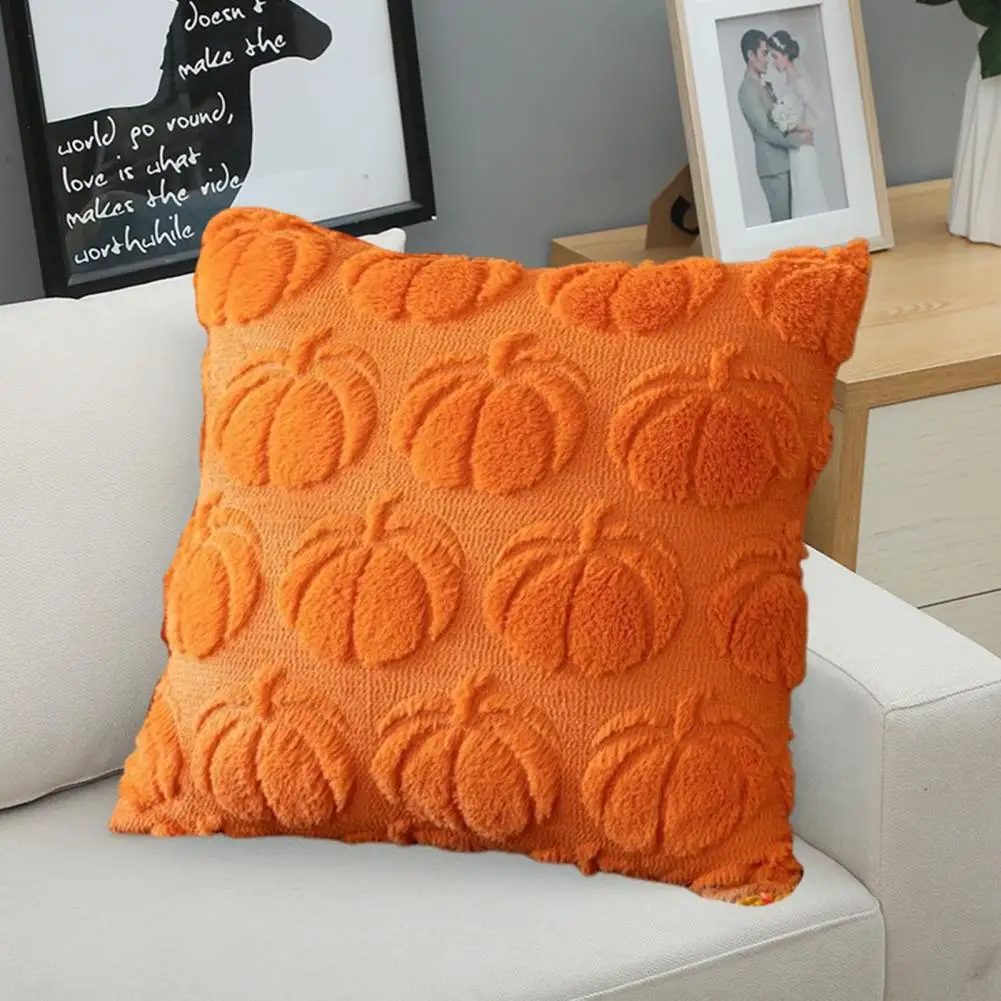 Thanksgiving Decor Pillowcase 3d Pumpkin Pattern Halloween Set for Farmhouse Style Faux Fur Texture