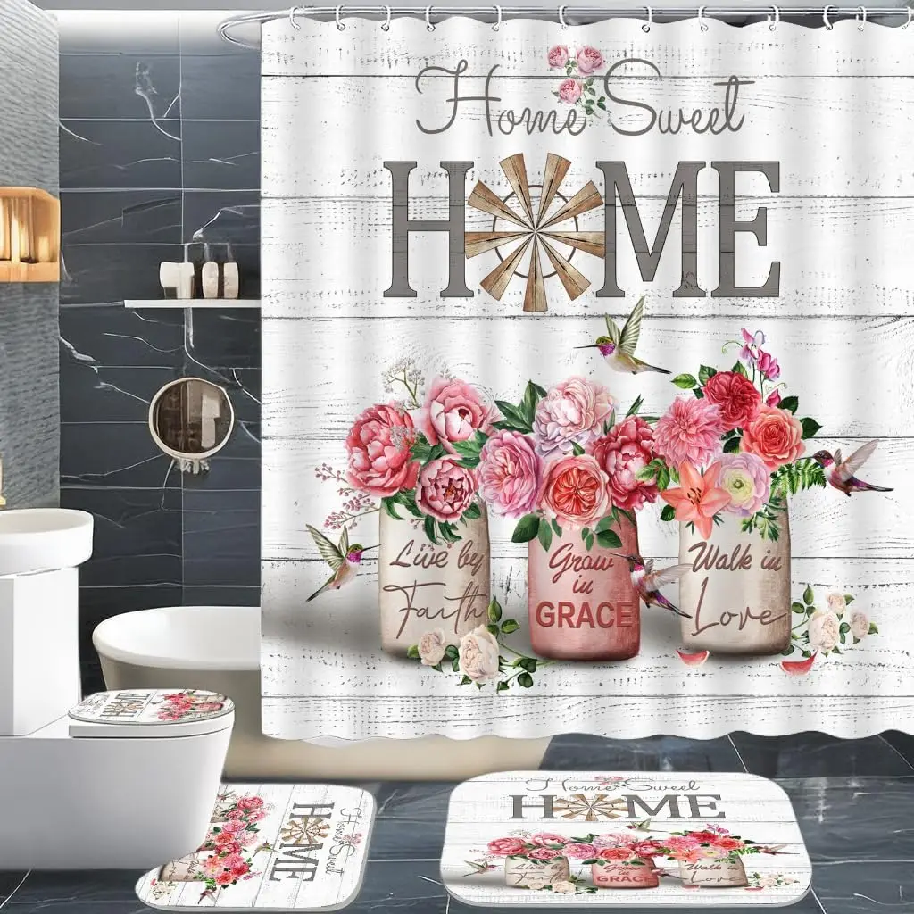 Vintage Vase Rustic Plank Shower Curtain and Rug Set Sunflower Daisy Lavender Shower Curtain Bath Mat Bathroom Decor Set