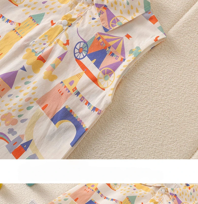 Sommerlicher ärmelloser Baby-Strampler mit Schloss- und Clown-Print, im Wald-Stil, mit breiten Trägern, für Kleinkinder, niedliche Babykleidung – Detail 5