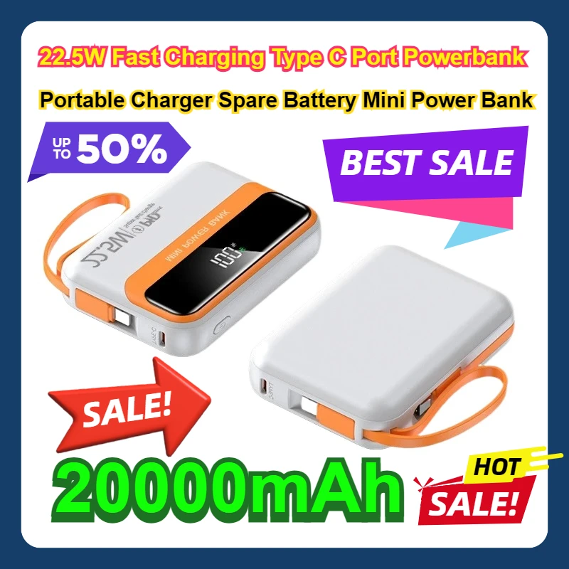 

22.5W Fast Charging Type C Port Powerbank For IPhone 15 Samsung Portable Charger Spare Battery 20000mAh Mini Power Bank