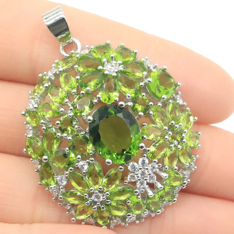 

46x34mm Eye Catching Flowers Shape Green Peridot Pink Raspberry Rhodolite Garnet CZ Wedding Ladies Silver plated Pendant