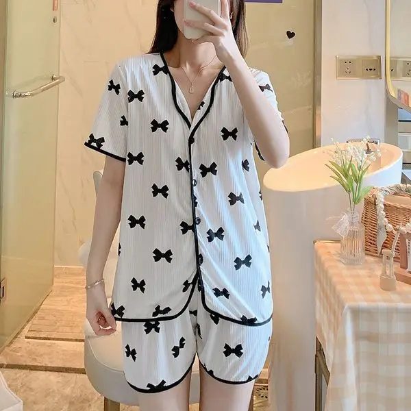 New Cartoon Pajamas Set Women Long Pants Short Sleeved Summer Spring Loungewear Female 3 PCS Home Clothing Sweet Girls Sleepwear