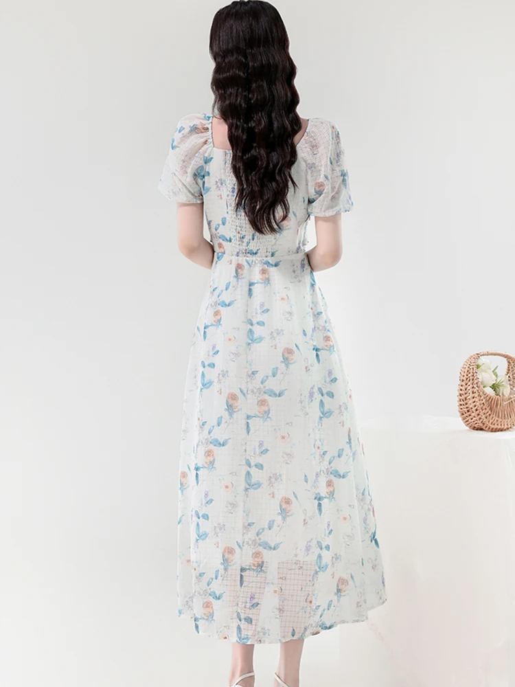 Women Floral Chiffon Chic Ruffled Bow Square Collar Long Dress 2025 Boho Elegant Bodycon Holiday Dress Summer Casual Party Dress