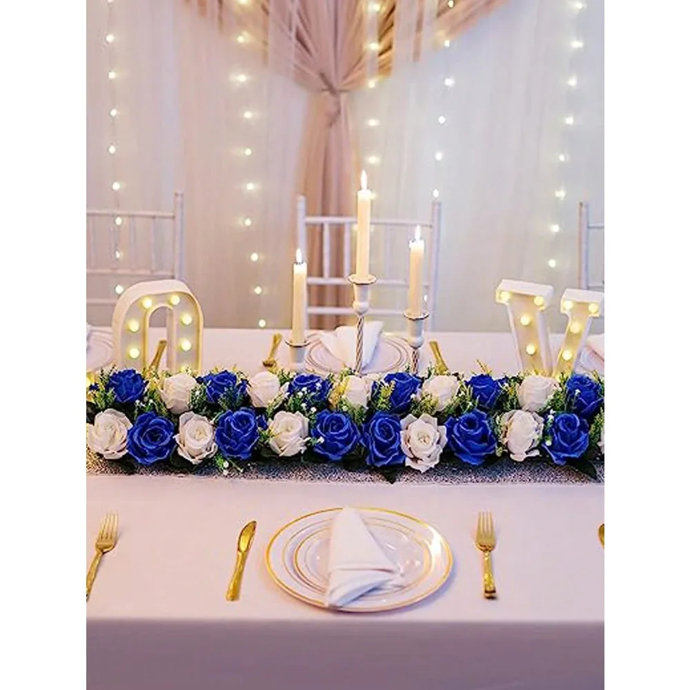 2Pcs Wedding Dining Table Flower Rose Floral Arrangement Table Runner Decorations Royal Blue&White Artificial Rose Floral