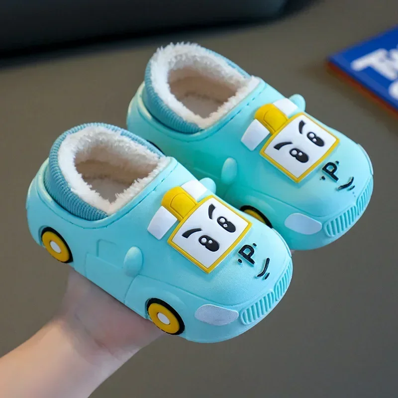 Cartoon Car Slippers Children Winter Warmer Plush Slides Babi Lovely Indoor Slippers Shoes Kids