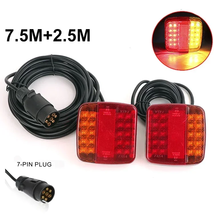 1 Set 12V 24V 26 LED 7 Pin Rear Towing Tail Light 7.5m+2.5m Brake Stop Lamp License Number Plate Reflector Caravan Camper Boat