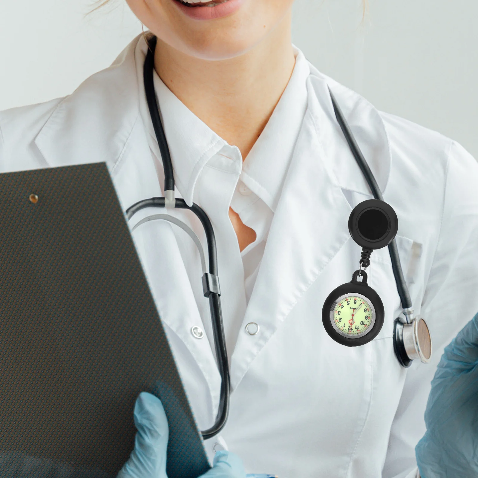 

Night Luminous Doctor Pocket Watch Black Smiling Face Durable Clip-on Badge Reel Pocket Hanging Watch Student Test Use