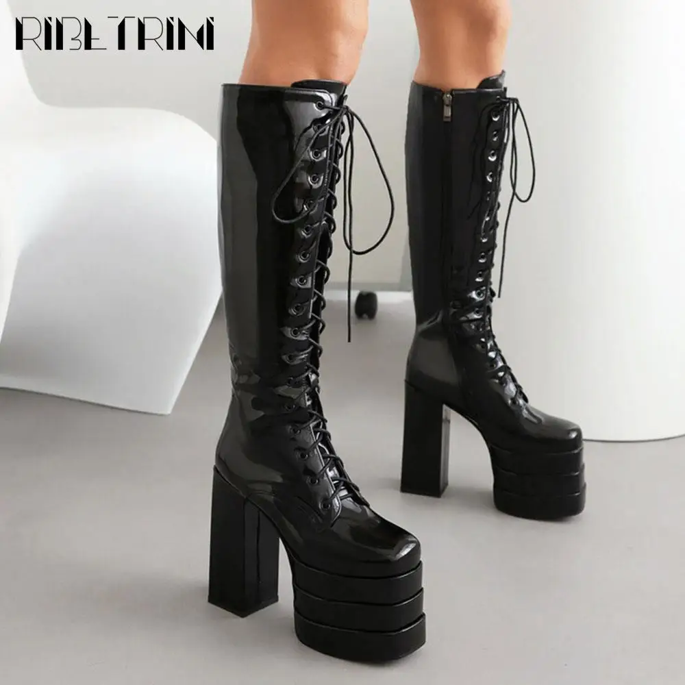 Cool Women Motorcycle Boots High Heeled Knee High Sassy Platform Shoes Lace Up Zip Luxury Designer Brand Winter Street Booties