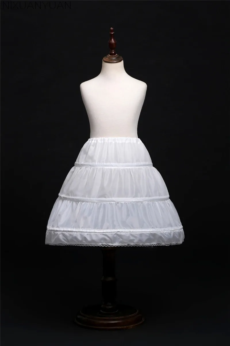 Weißer Kinder-Petticoat, A-Linie, 3 Reifen, einlagig, Krinoline, Spitzenbesatz, Blumenmädchenkleid, Unterrock, elastische Taille