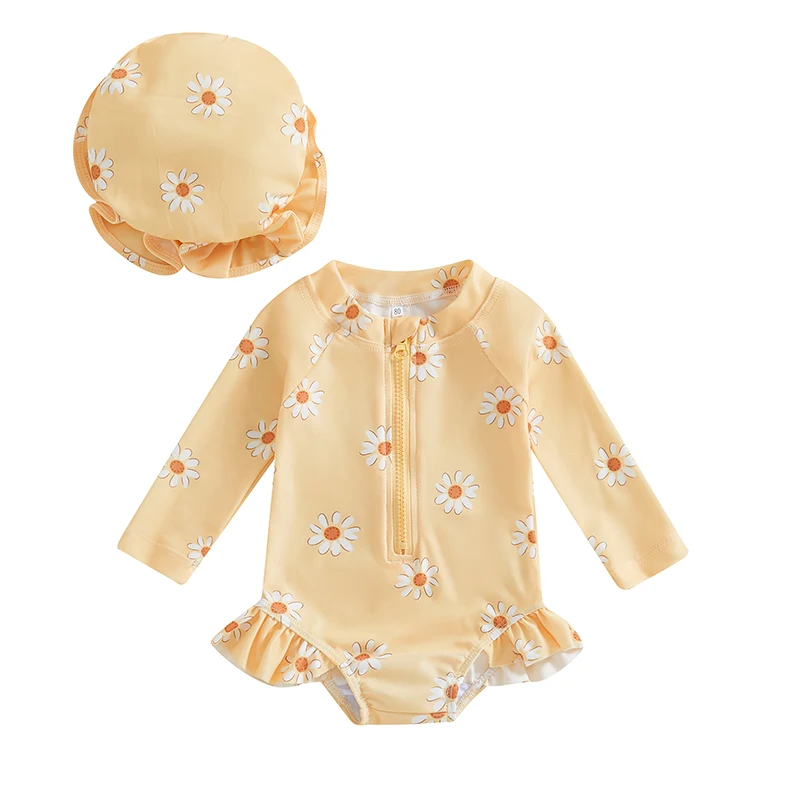 Traje de baño floral para bebé niña con protección solar y gorro, conjunto de manga larga con cremallera