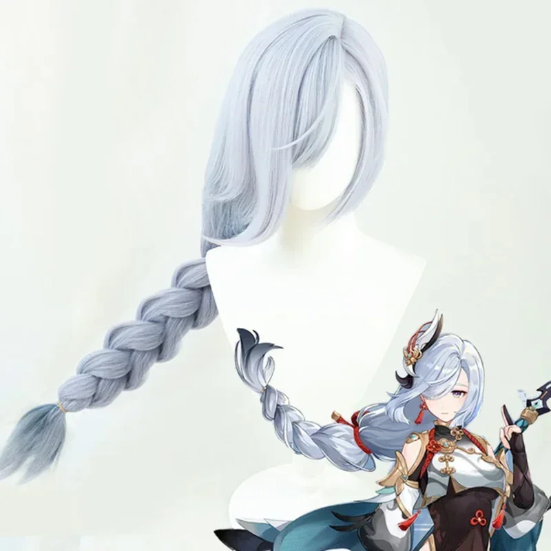 wat22 لعبة Genshin تأثير Shenhe شعر مستعار تأثيري أزرق أبيض اللون الضفائر الطويلة أغطية الرأس مقاومة للحرارة الشعر الاصطناعية 100 جديد 2025 aa