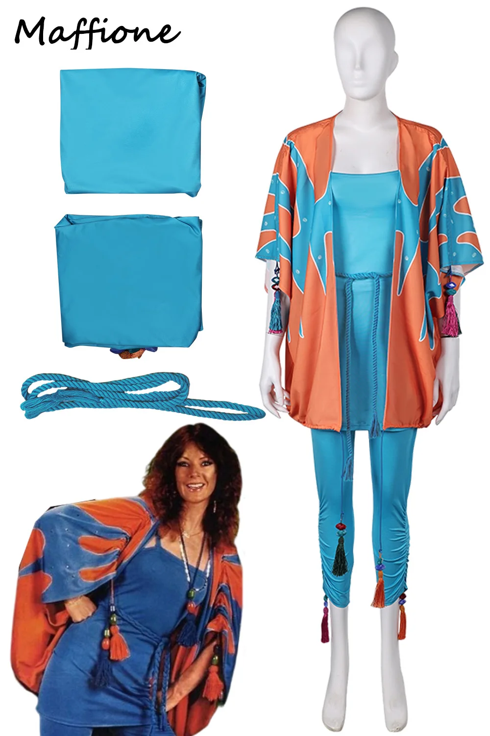 

Anni-Frid Synni Lyngstad Cosplay Retro Cape Costume Band 70s Vintage Outfits Women Belt Blue Pants Set Halloween Carnival Suit