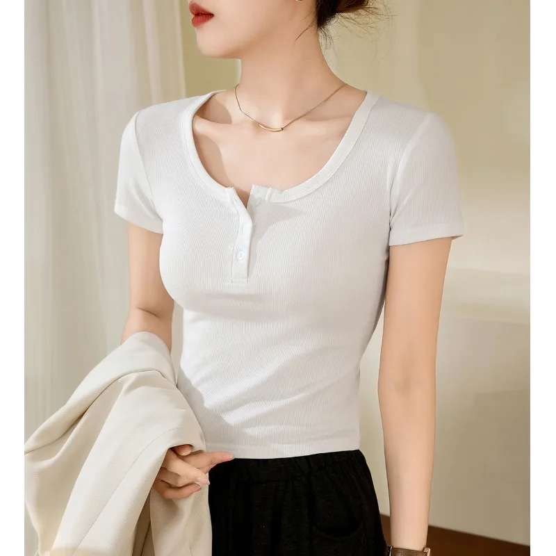 2025 Summer Women's High Waist Short T-shirt New U-neck Short Sleeve Top Threaded Cotton
