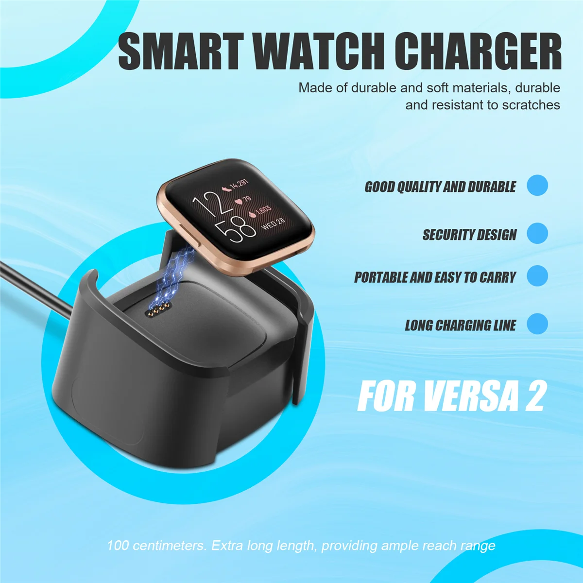 Cargador Compatible con Fitbit Versa 2, Cable de carga USB de repuesto para Versa 2, accesorios de reloj inteligente