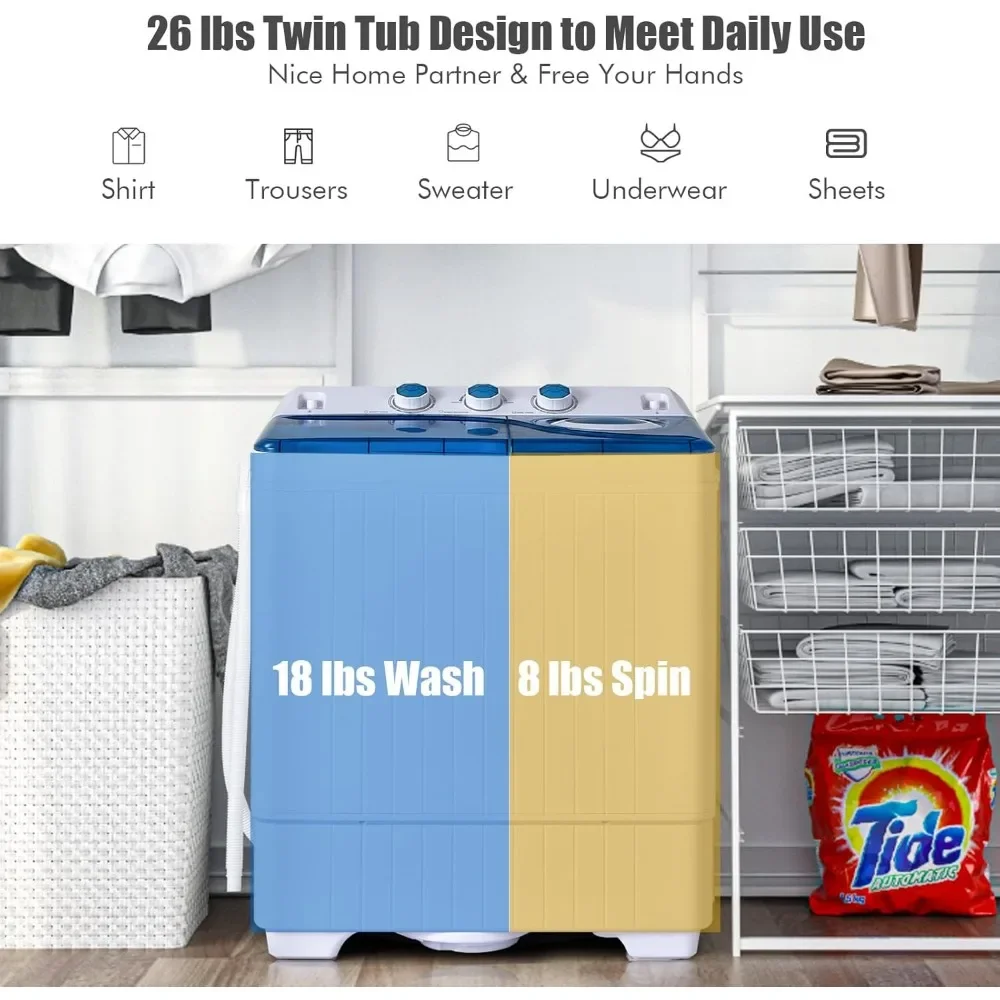 Washing Machine, 2 In 1 Twin Tub 26Lbs Washer And Spinner With Control Knobs and Timer Function, Portable Laundry Washer