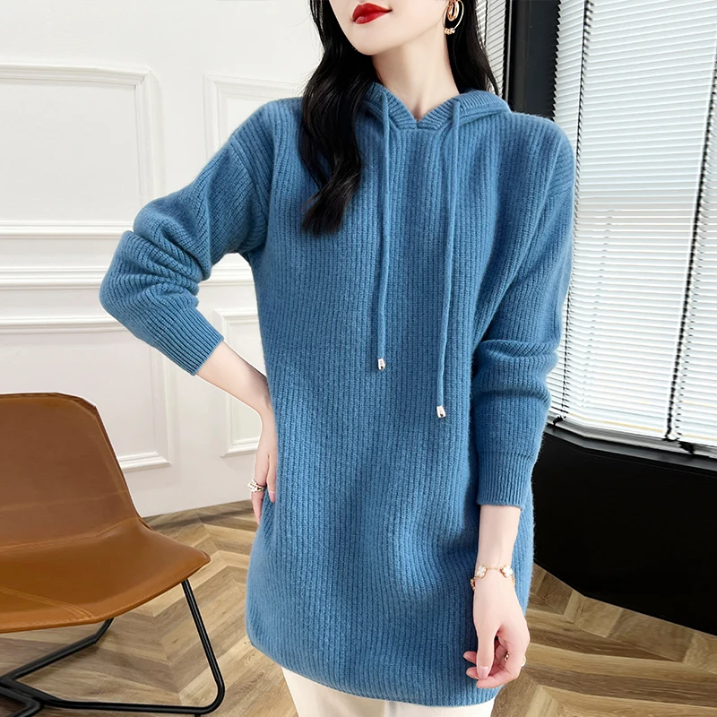 Autumn/winter long hoodie 100% wool cashmere sweater women loose Korean knitted pullover hoodie solid color wear tide big top