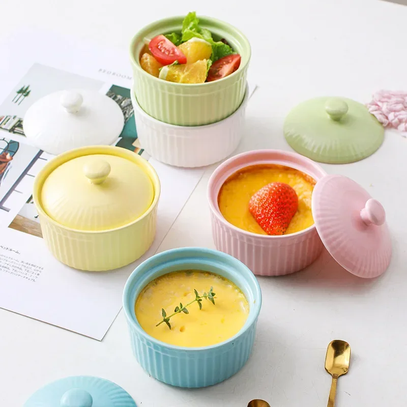 Creative Baking Bowl with Lid Ceramic Children Small Steamed Egg Soup Bowl Stew Cup Household Tableware Pudding Cup Dessert Bowl