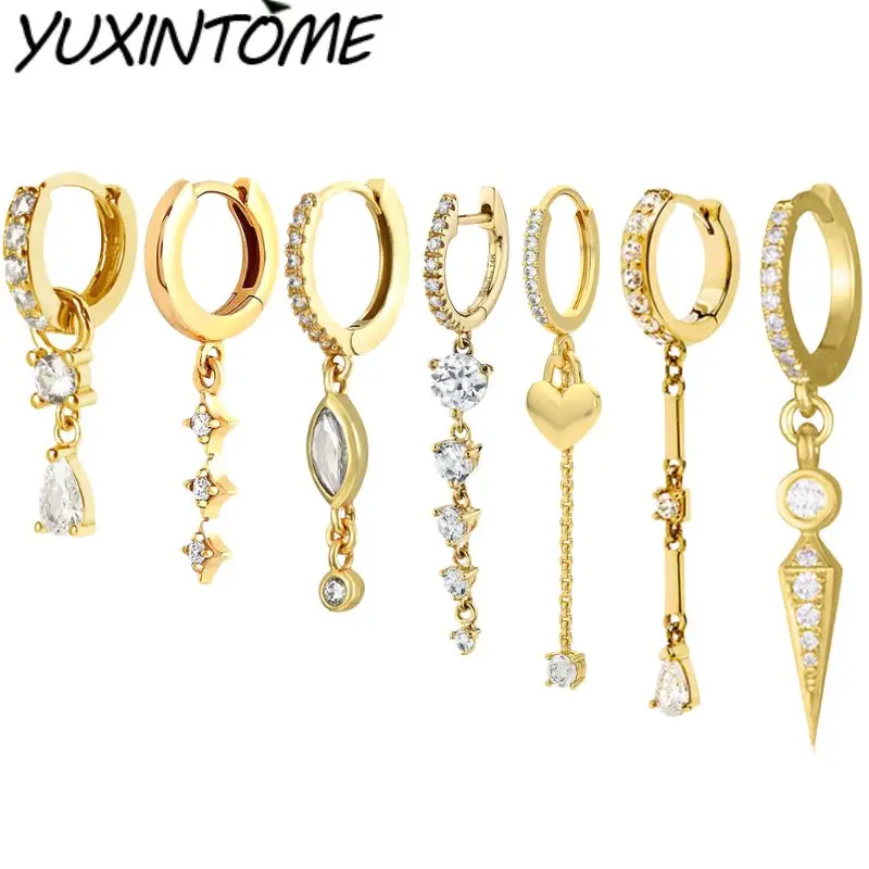 

YUXINTOME стерлингового серебра 925 пробы, игла для ушей, вертикальный кристалл, циркон, кулон-цепочка, серьги-кольца для женщин, модные свадебные украшения