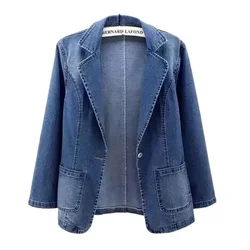 Womens Denim Suit Jacket New Spring Autumn Korean Pocket Jeans Outwear Female Slim One Button Long Sleeve Denim Blazers Coats